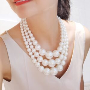 We Imitation Pearl Necklace for Women Large Chunky Pearl Necklaces Multilayer Pearl Necklace and Earring 1920s Costume Jewelry set (white pearl necklace set)