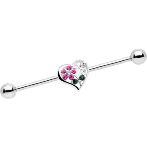 Body Candy 14G 316L Steel Helix Cartilage Earring Pink Accent Flower Heart Industrial Barbell 1 1/2"