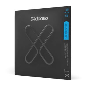 d'addario guitar strings - xt 80/20 bronze coated acoustic guitar strings - xtabr1253 - extended string life with natural tone & feel - for 6 string guitars - 12-53 light