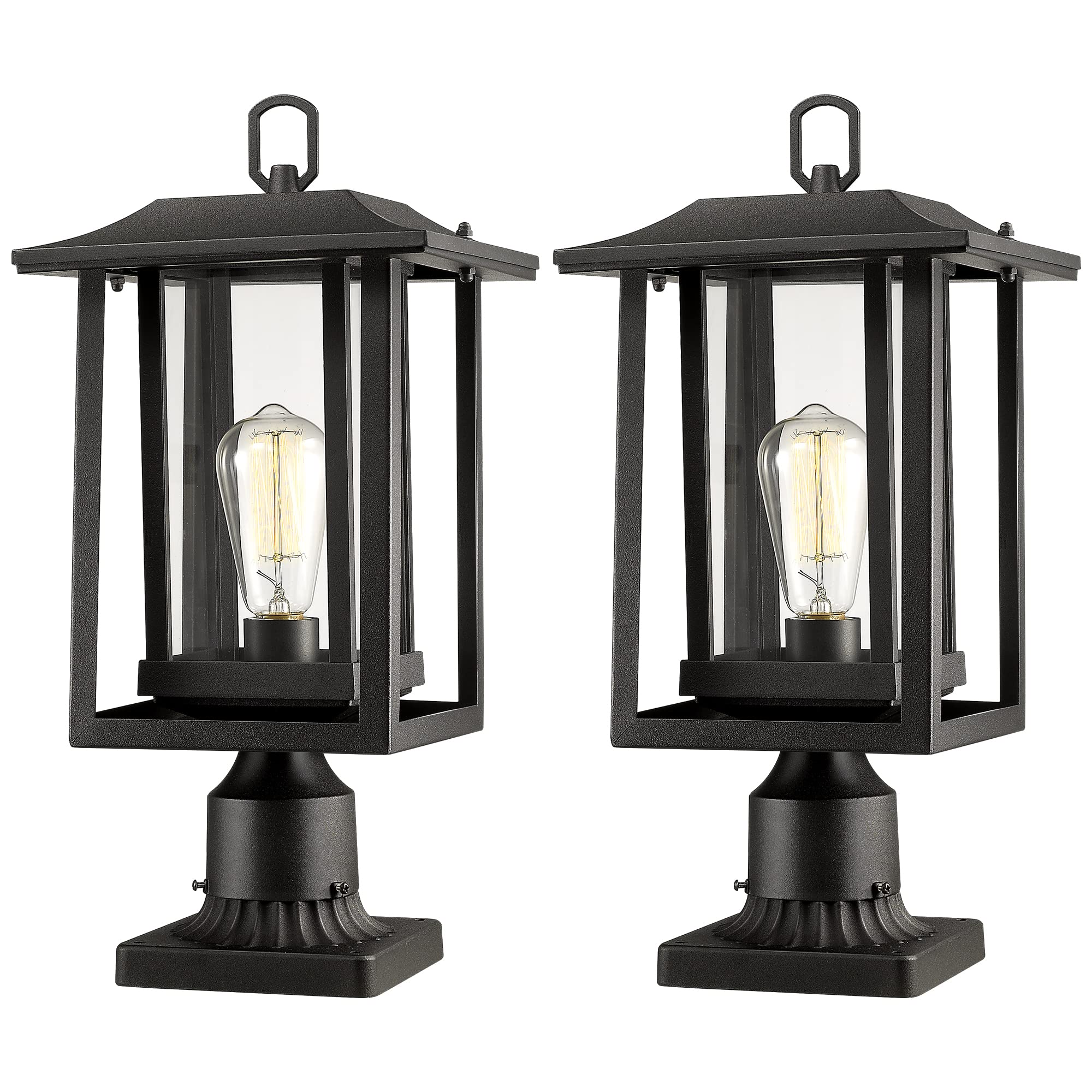 Beionxii Outdoor Post Lights, Large Exterior Lamp Post Light Fixture with Pier Mount Base, Black Cast Aluminum w/Clear Glass (19" x 9") - A197P-2PK