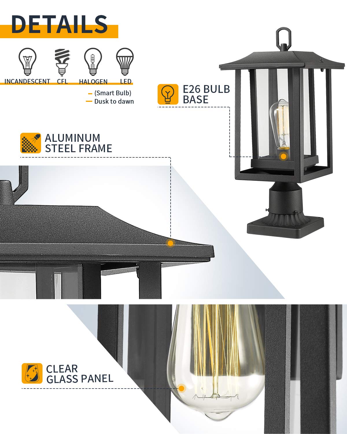 Beionxii Outdoor Post Lights, Large Exterior Lamp Post Light Fixture with Pier Mount Base, Black Cast Aluminum w/Clear Glass (19" x 9") - A197P-2PK