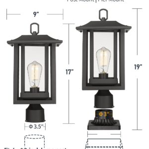 Beionxii Outdoor Post Lights, Large Exterior Lamp Post Light Fixture with Pier Mount Base, Black Cast Aluminum w/Clear Glass (19" x 9") - A197P-2PK