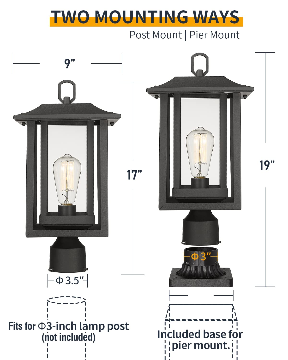 Beionxii Outdoor Post Lights, Large Exterior Lamp Post Light Fixture with Pier Mount Base, Black Cast Aluminum w/Clear Glass (19" x 9") - A197P-2PK