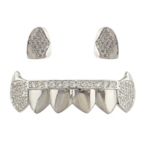 OOCC 18K Gold Plated Hip Hop Teeth Grillz Caps Iced Out CZ 2 pc Single Top 6 Bottom Vampire Fangs Grillz with Diamonds for Your Teeth (Silvery)