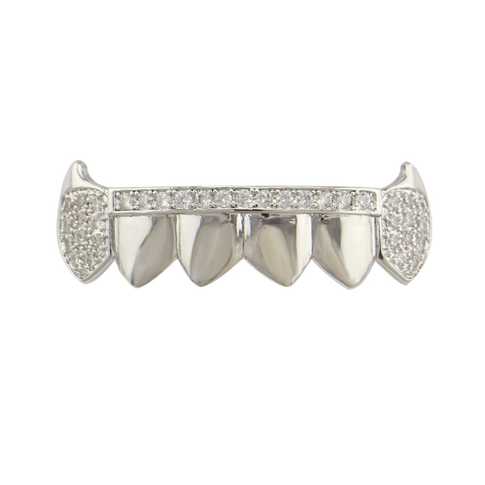 OOCC 18K Gold Plated Hip Hop Teeth Grillz Caps Iced Out CZ 2 pc Single Top 6 Bottom Vampire Fangs Grillz with Diamonds for Your Teeth (Silvery)