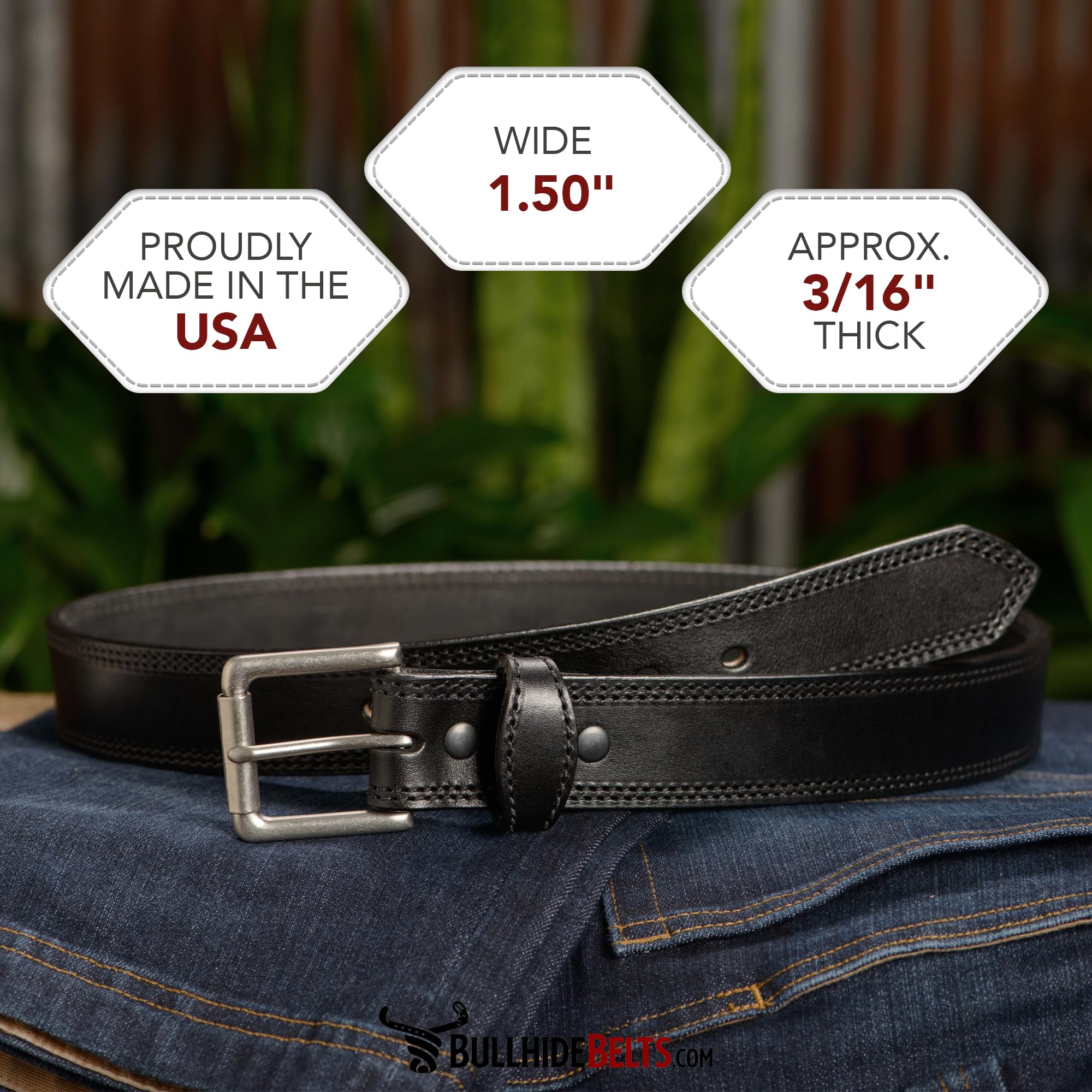 Bullhide Belts Mens Leather Belt for Work, Casual, Dress, 1.50" Wide, Black, 40"