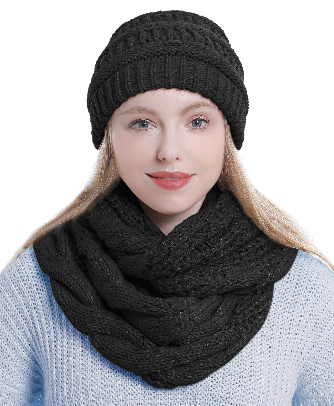 Double Couple Womens Scarf Beanie Hat Set Thick Winter Infinity Scarf Knit Scarfs for Women