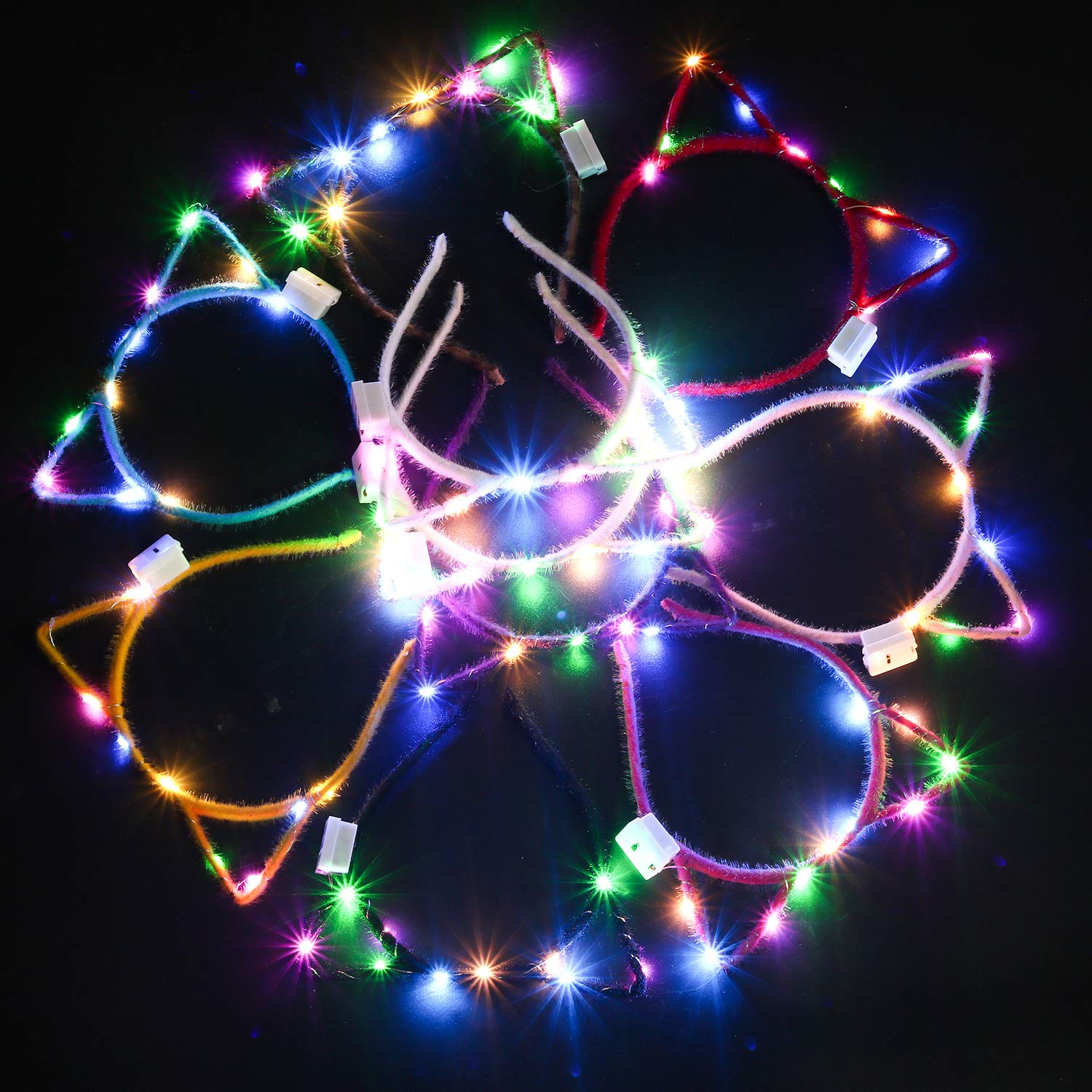 LED Cat Ear Headband, 10 Pack Cute Light Up Cat Ear Headdress Hairbands Halloween Christmas Party Decorations Hair Accessories for Girls Adult1 Multicolor