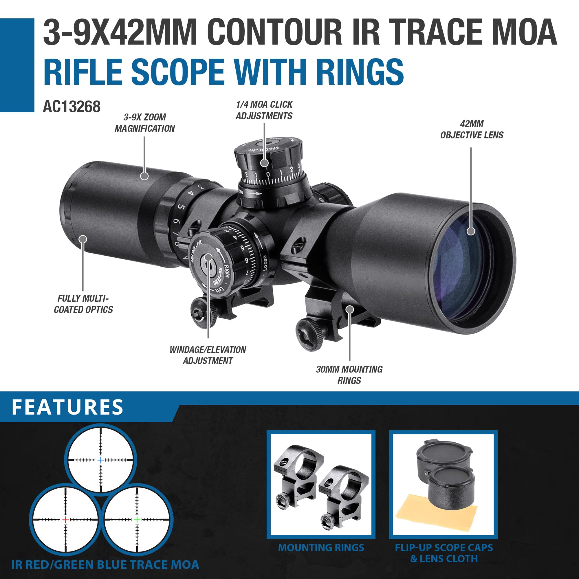 Barska AC13268 Contour Scope 3-9x42 Illuminated Trace MOA Reticle with Rings, Black, One Size