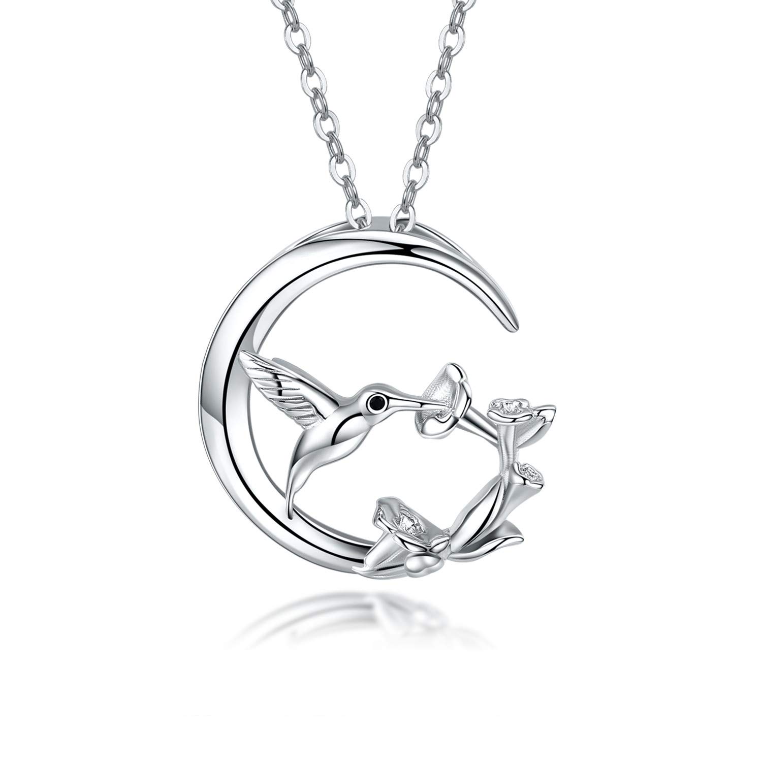 Hummingbird Necklace S925 Sterling Silver Jewelry Hummingbirds Gift for Women(Moon)