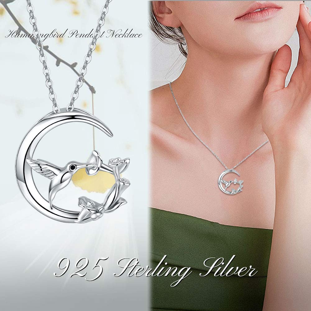 Hummingbird Necklace S925 Sterling Silver Jewelry Hummingbirds Gift for Women(Moon)