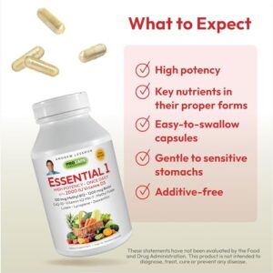 ANDREW LESSMAN Essential-1 Multivitamin 2000 IU Vitamin D3 180 Small Capsules – 100 mcg Methyl B12. CoQ10 Lutein Lycopene Zeaxanthin. High Potency. No Additives. Gentle Ultra-Mild. One Daily Capsule