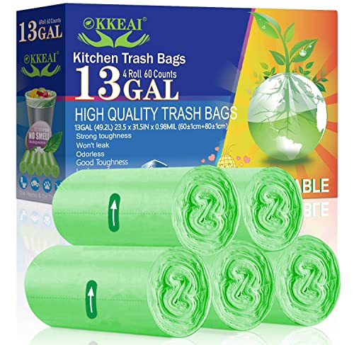 OKKEAI Large Garbage Bags 13 Gallon Tall Kitchen Green Trash Bags 49 Liter Bin Liners for Lawn Yard,Home,Office,60 Counts (Fits 10-15 Gallon Bins)