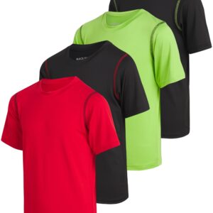 Black Bear Boys’ Athletic T-Shirt – 4 Pack Active Performance Dry-Fit Sports Tee (4-18), Size 8-10, Black/Red/Black/Green