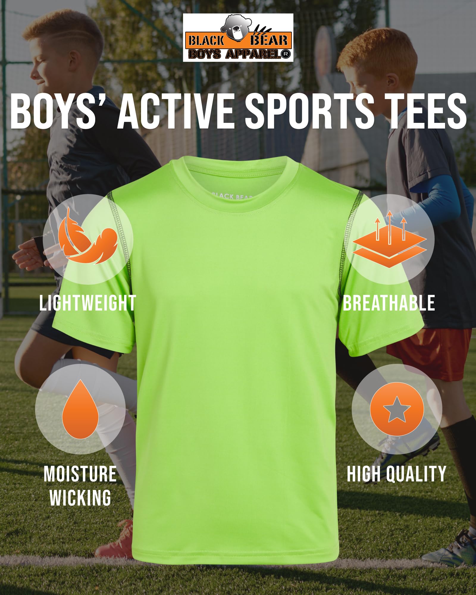 Black Bear Boys’ Athletic T-Shirt – 4 Pack Active Performance Dry-Fit Sports Tee (4-18), Size 8-10, Black/Red/Black/Green