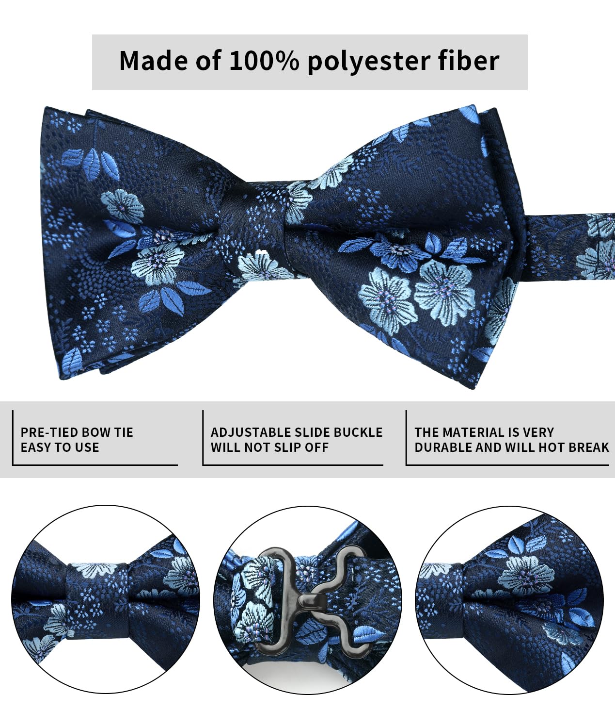 HISDERN Bow Ties for Men Blue Bow Tie Pre-tied Black Paisley Bow Ties and Pocket Square Set Formal Men's Floral Bowtie Classic Bowties for Wedding Party