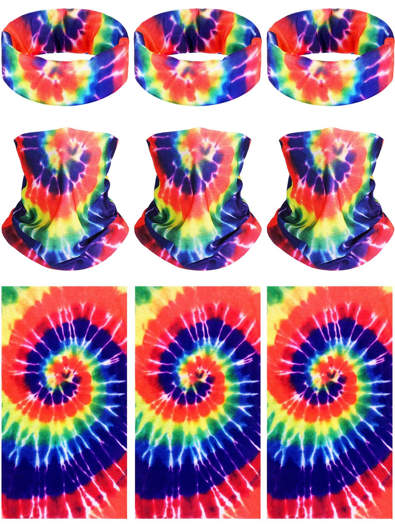 9 Pieces Hippie Tie Dye Bandana Headband Hippie Costume Set Hippie Non Slip Head Tie Hippie Neck Gaiter Gay Pride Rainbow Sun Protection Face Mask Balaclava for 60s 70s Hippie Accessories