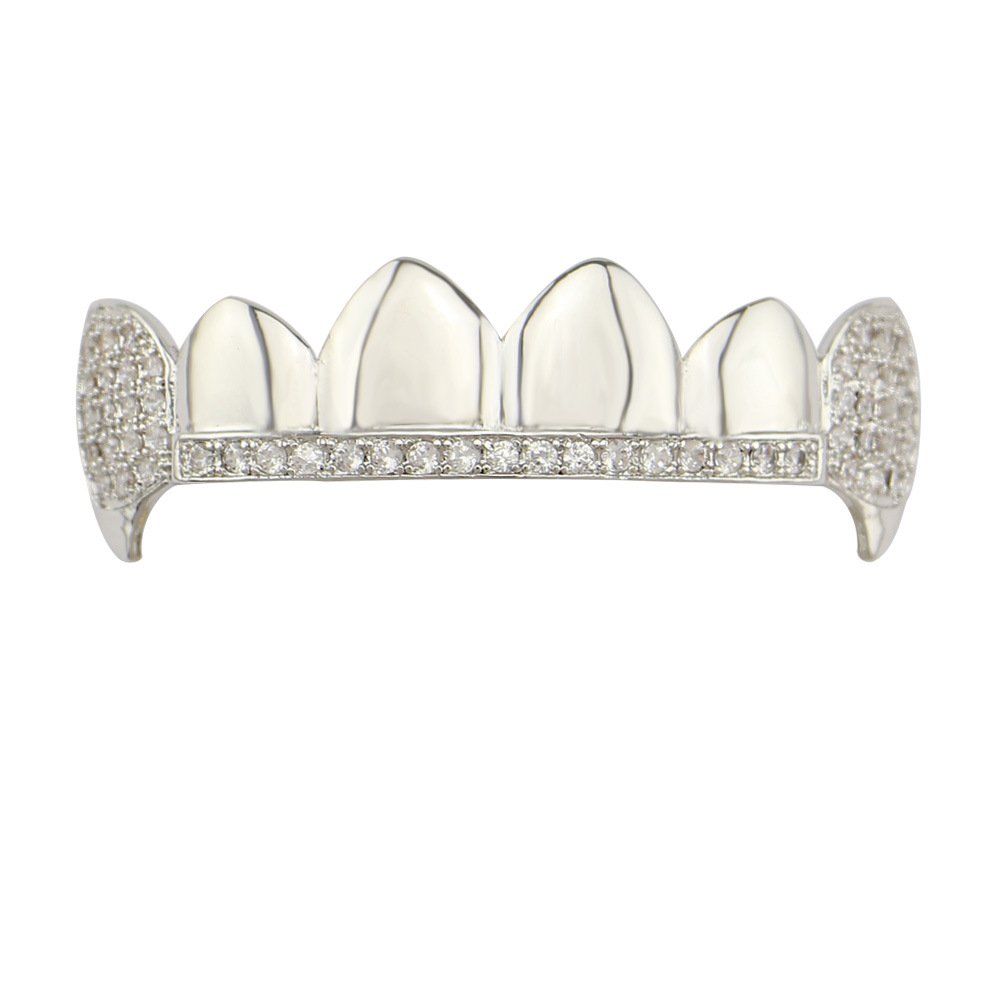 OOCC 18K Gold Plated Hip Hop Teeth Grillz Caps Iced Out CZ Top and Bottom Vampire Fangs Grillz with Diamonds for Your Teeth (Silver)