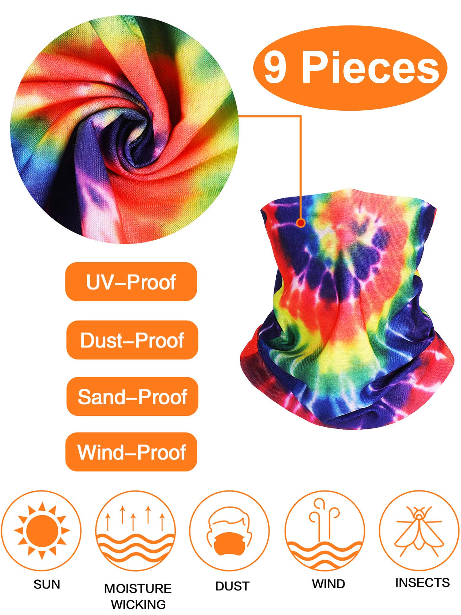 9 Pieces Hippie Tie Dye Bandana Headband Hippie Costume Set Hippie Non Slip Head Tie Hippie Neck Gaiter Gay Pride Rainbow Sun Protection Face Mask Balaclava for 60s 70s Hippie Accessories