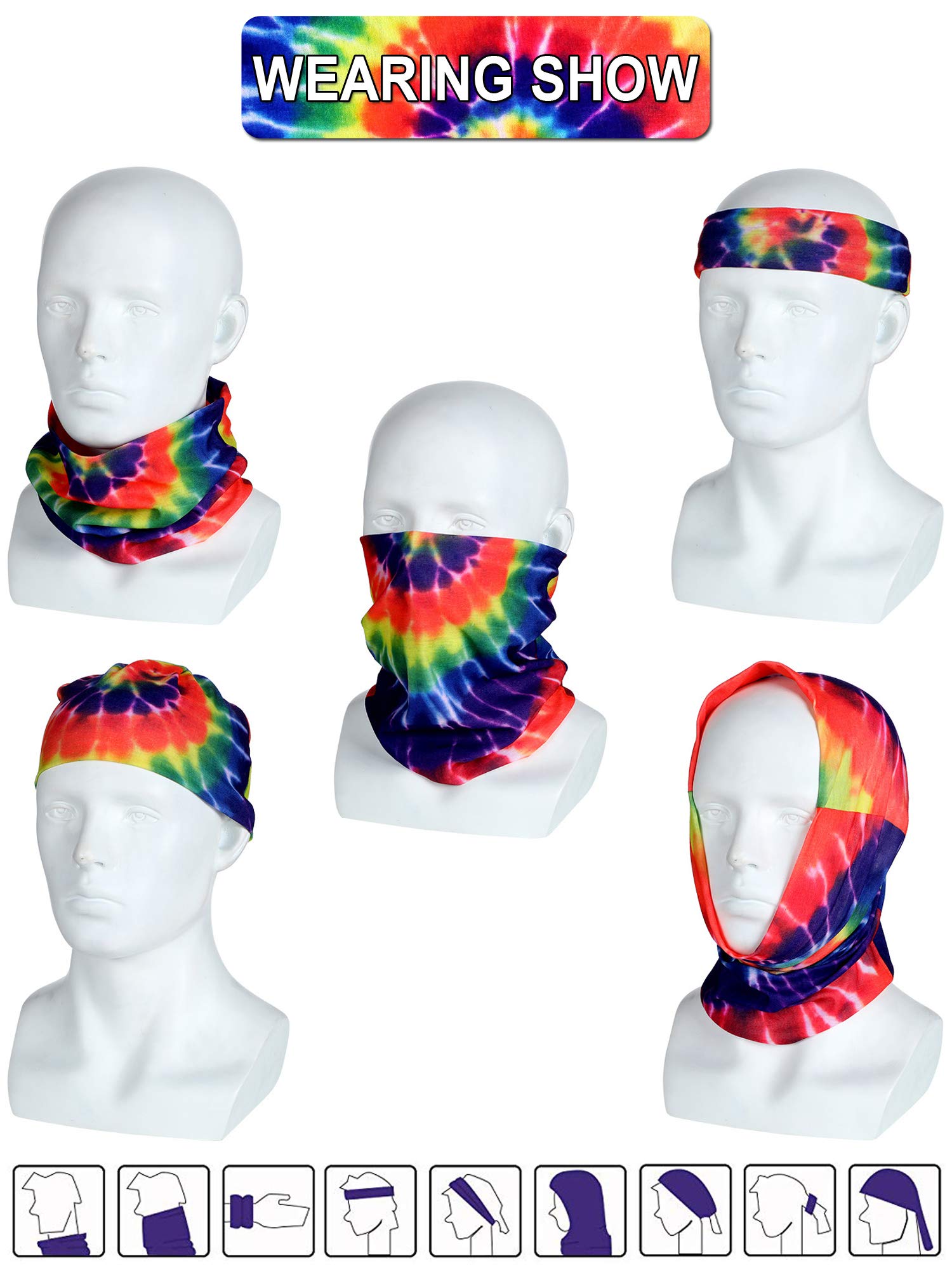 9 Pieces Hippie Tie Dye Bandana Headband Hippie Costume Set Hippie Non Slip Head Tie Hippie Neck Gaiter Gay Pride Rainbow Sun Protection Face Mask Balaclava for 60s 70s Hippie Accessories