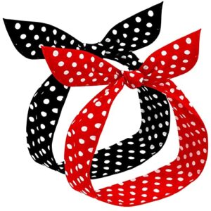 Hicarer 2 Pieces Polka Dot Headbands for Girls and Women Headband Retro Bandana Halloween Dress Up 50s Wire Headband Vintage Print Christmas Hairband (Red, Black,0.23 Inch)