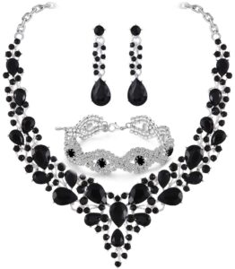 paxuan black wedding bridal prom jewelry set black crystal rhinestone necklace earrings bracelet jewelry sets for bride bridesmaid wedding (black - necklace + earrings + bracelet)