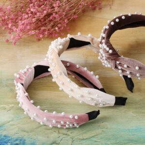 WILLBOND 3 Pieces Pearls Headband Knotted Headband for Women Velvet Pearls Headband for Girl Woman Hair Accessories