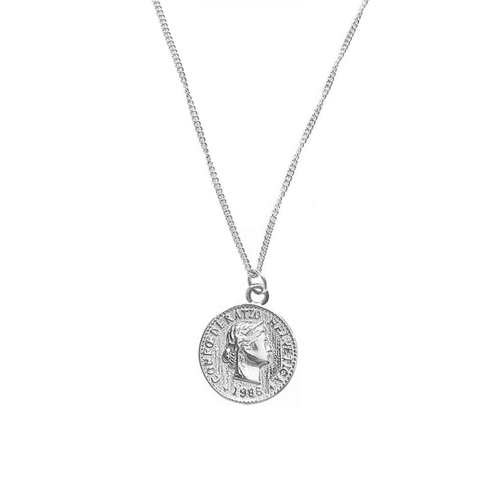 Dtja Carved Coin Pendant Necklace for Women Men 18K White Gold Plated Simple Round Chain Goddess Worship Celebrity Medal Reversible Keepsake Chic Choker Fashion Jewelry Gifts Box