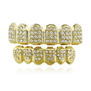 oocc 18k gold plated iced out grills with diamond hip hop teeth grillz caps top and bottom set for your teeth (golden)