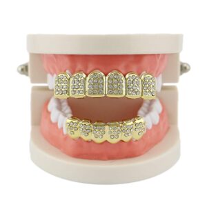 OOCC 18k Gold Plated Iced Out Grills with Diamond Hip Hop Teeth Grillz Caps Top and Bottom Set for Your Teeth (Golden)