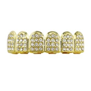 OOCC 18k Gold Plated Iced Out Grills with Diamond Hip Hop Teeth Grillz Caps Top and Bottom Set for Your Teeth (Golden)