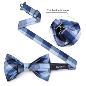 HISDERN Bow Ties for Men Plaid Blue Mens Bowtie Pretied Classic Satin Formal Business Bow Tie Adjustable Tuxedo Bowties for Wedding Party