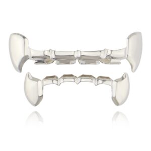 oocc 18k gold plated hip hop teeth grillz caps iced out cz top and bottom vampire fangs grillz for your teeth (silver)