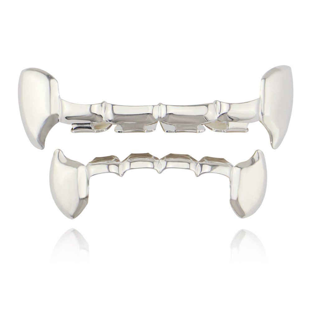 OOCC 18K Gold Plated Hip Hop Teeth Grillz Caps Iced Out CZ Top and Bottom Vampire Fangs Grillz for Your Teeth (Silver)