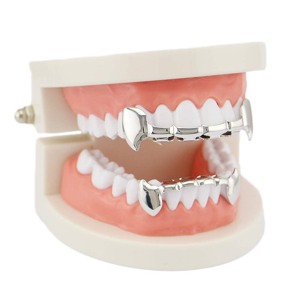 OOCC 18K Gold Plated Hip Hop Teeth Grillz Caps Iced Out CZ Top and Bottom Vampire Fangs Grillz for Your Teeth (Silver)