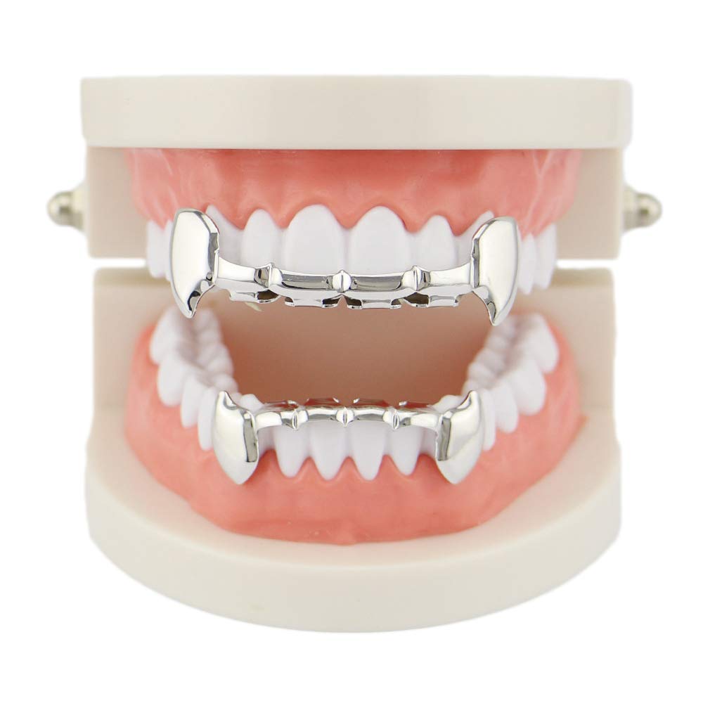 OOCC 18K Gold Plated Hip Hop Teeth Grillz Caps Iced Out CZ Top and Bottom Vampire Fangs Grillz for Your Teeth (Silver)