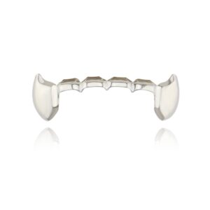 OOCC 18K Gold Plated Hip Hop Teeth Grillz Caps Iced Out CZ Top and Bottom Vampire Fangs Grillz for Your Teeth (Silver)