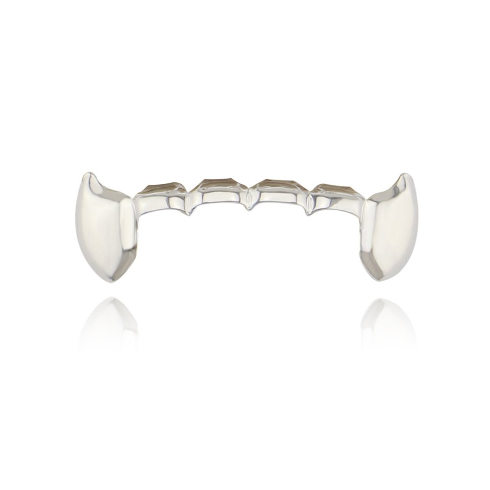 OOCC 18K Gold Plated Hip Hop Teeth Grillz Caps Iced Out CZ Top and Bottom Vampire Fangs Grillz for Your Teeth (Silver)