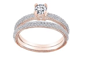 affy 0.85 carat round shape white natural diamond semi mount wedding engagement ring set 18k solid rose gold ring size-5