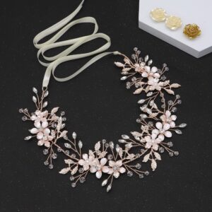 Braveamor Rose Gold Bridal Hair Vine Bohemian Style Wedding Headpiece Crystal Pearl Headband Flower Leaves Halo Wedding Hair Accessories