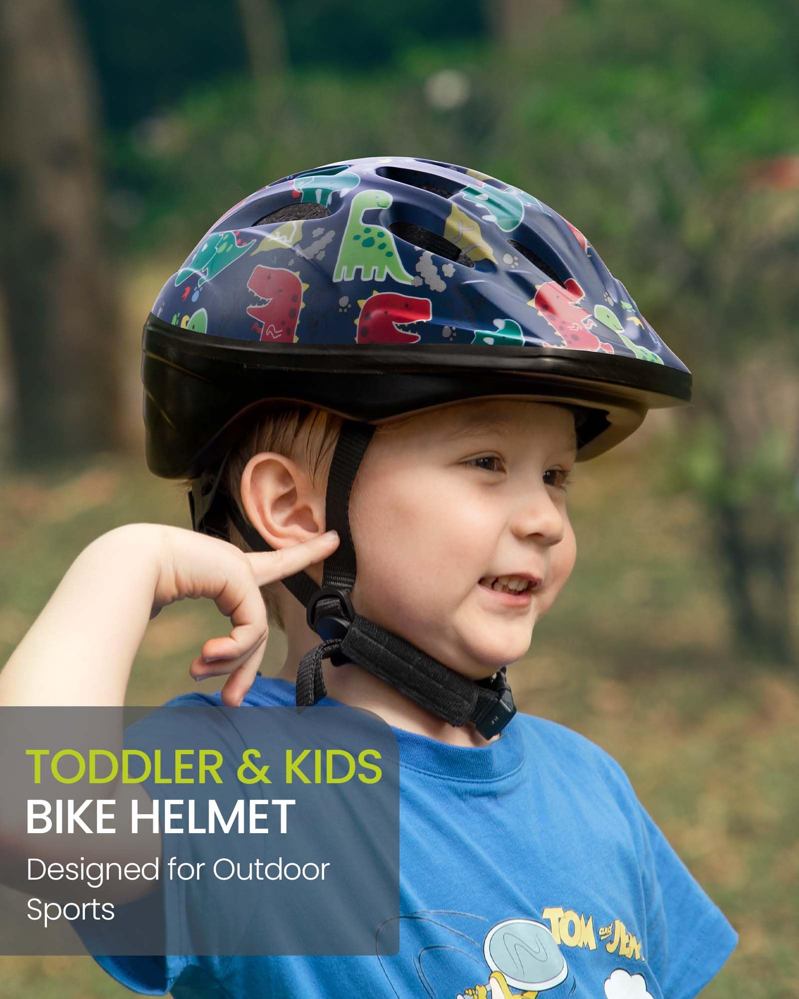 OutdoorMaster Toddler Kids Bike Helmet - Multi-Sport 2 Sizes Adjustable Safety Helmet for Children (Age 3-11), 14 Vents for Kids Skating Cycling Scooter - Dino Volcanoland,S