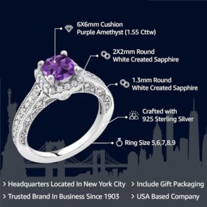 Gem Stone King 925 Sterling Silver 6MM Cushion Gemstone Birthstone and Accent White Created Sapphire Engagement Ring | Wedding Anniversary Promise Ring For Women | Available In Size 5, 6, 7, 8, 9