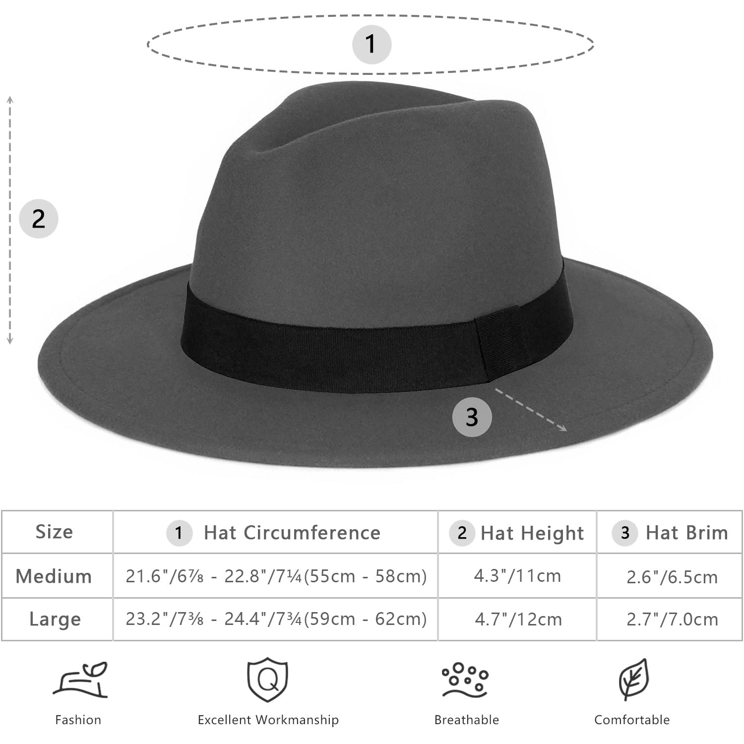 FADACHY Classic Fedora Hat for Men & Women Wide Brim Felt Hat Panama Dress Hat Black Fedora, L Large XL