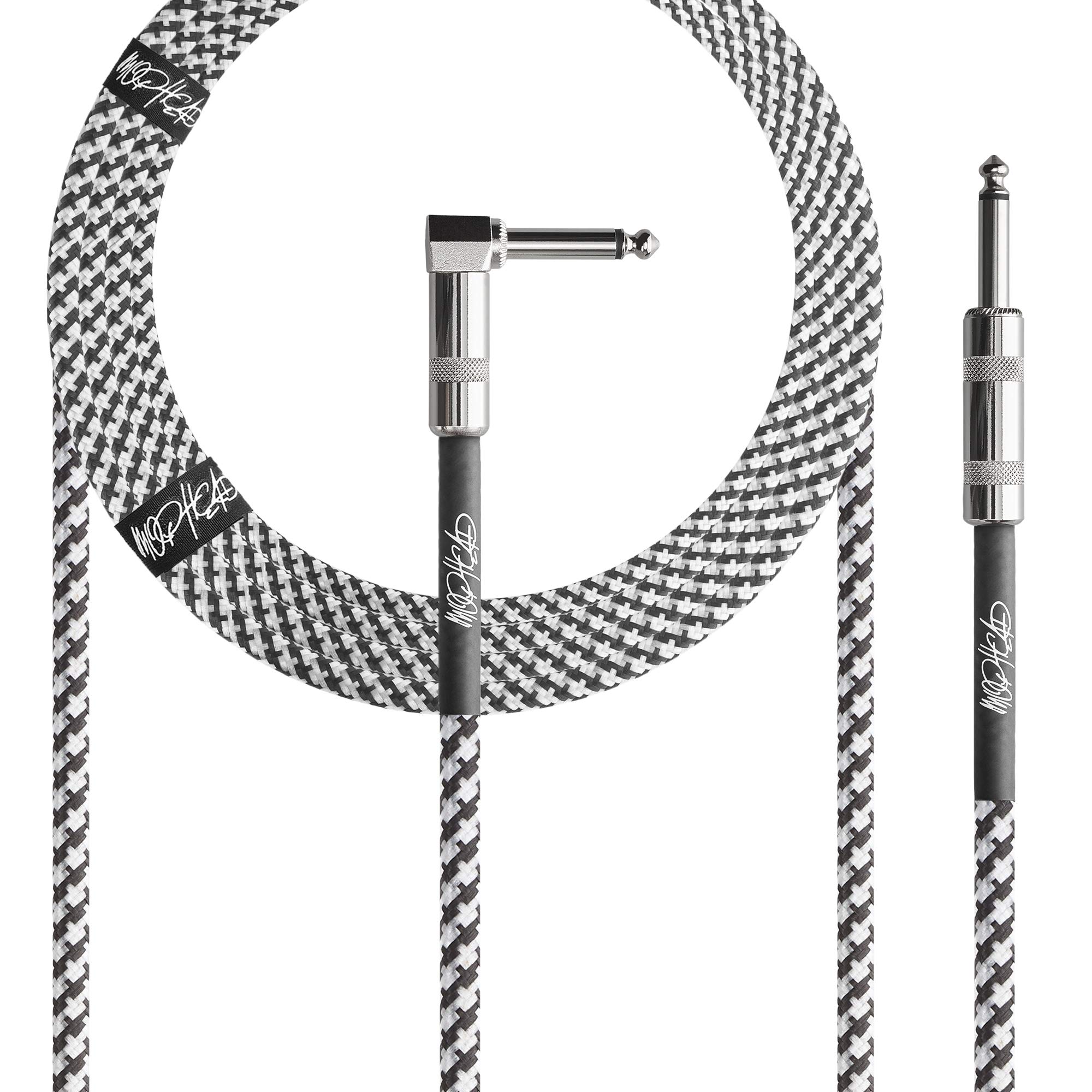 Mophead 15-Foot Guitar Instrument Cable - 1/4 Inch TS to 1/4 Inch TS Right Angle Pro Grade Double Insulated Tweed Braided for Electric Guitar, Bass, Amp, Keyboard (Black and White)