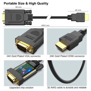 BENFEI HDMI to VGA 15 Feet Cable, Uni-Directional HDMI (Source) to VGA (Display) Cable (Male to Male) Compatible for Computer, Desktop, Laptop, PC, Monitor, Projector, HDTV, Raspberry Pi, Roku, Xbox