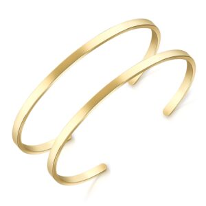 lolalet thin open cuff bracelet, christmas gift for girlfriend wife mom, 18k gold plated couples oval love bracelets, plain polished finish open cuff bangle jewelry gift for men women -2 pack