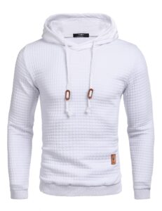 coofandy men's casual hoodies sweatshirt hipster gym long sleeve drawstring plaid jacquard pullover hooded white