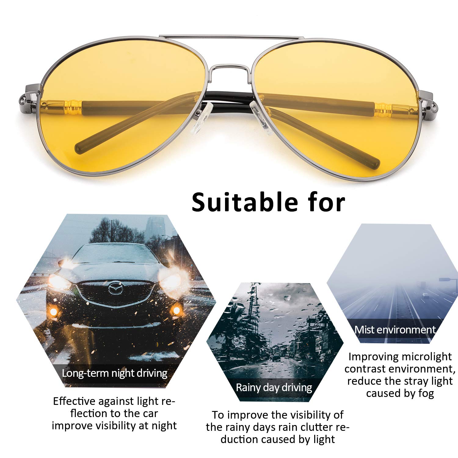 SODQW Polarized Night-Vision Glasses, Classic Aviator Night-Driving Glasses, Pilot Metal Frame for Men Women Night-Driving (Gun Frame/Yellow Night-Driving Glasses)