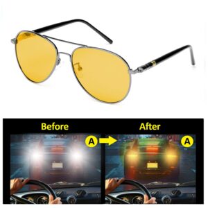 SODQW Polarized Night-Vision Glasses, Classic Aviator Night-Driving Glasses, Pilot Metal Frame for Men Women Night-Driving (Gun Frame/Yellow Night-Driving Glasses)