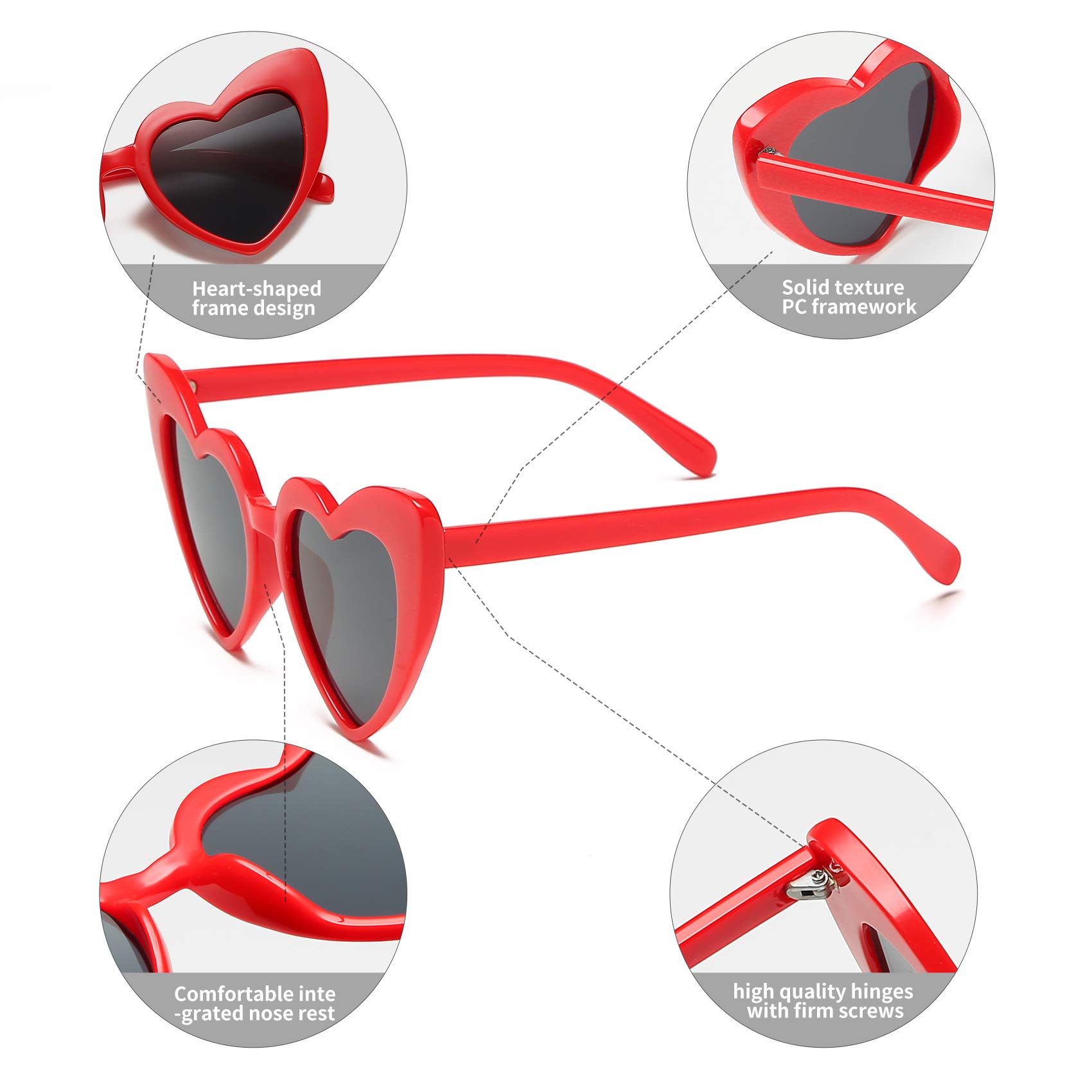 YOSHYA Clout Goggle Heart Sunglasses Vintage Cat Eye Mod Style Retro Kurt Cobain Glasses (Red Grey)